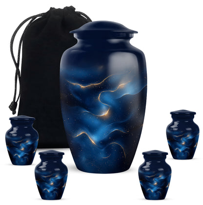 Misty Blue Blue Cremation Urn top-down view of secure threaded lid - classic sculpted blue pattern on smooth aluminum - memorial set with one large and four small urns