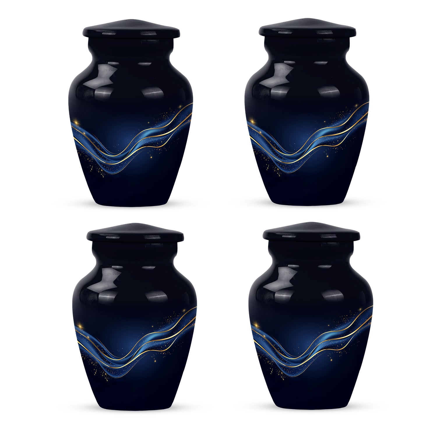 Charcoal Black Blue Cremation Urn side profile showing urn shape - traditional blue engraving with hand-polished finish - 10 inch aluminum urn for cremated remains