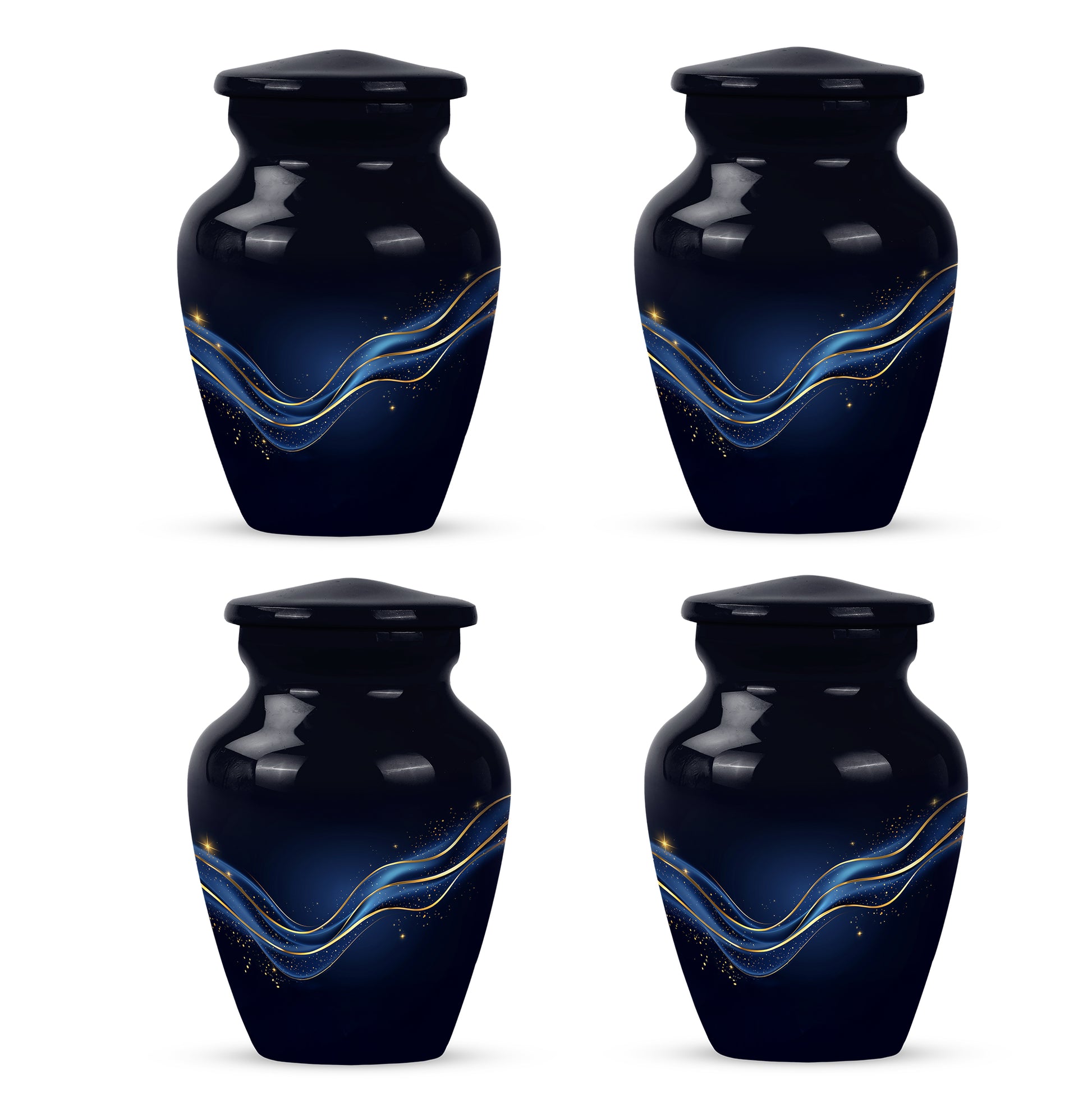 Charcoal Black Blue Cremation Urn side profile showing urn shape - traditional blue engraving with hand-polished finish - 10 inch aluminum urn for cremated remains