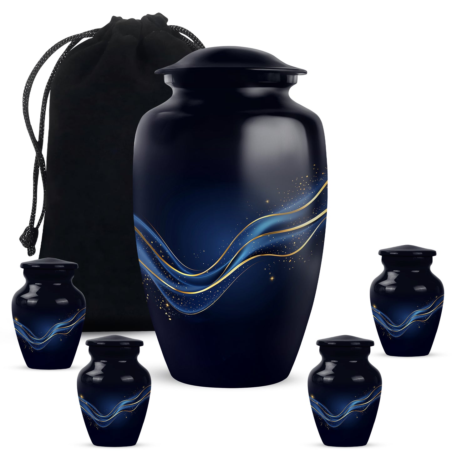 Glossy Black Blue Cremation Urn top-down view of secure threaded lid - classic sculpted blue pattern on smooth aluminum - memorial set with one large and four small urns