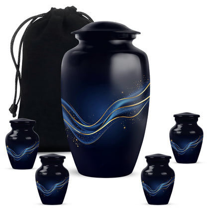 Glossy Black Blue Cremation Urn top-down view of secure threaded lid - classic sculpted blue pattern on smooth aluminum - memorial set with one large and four small urns