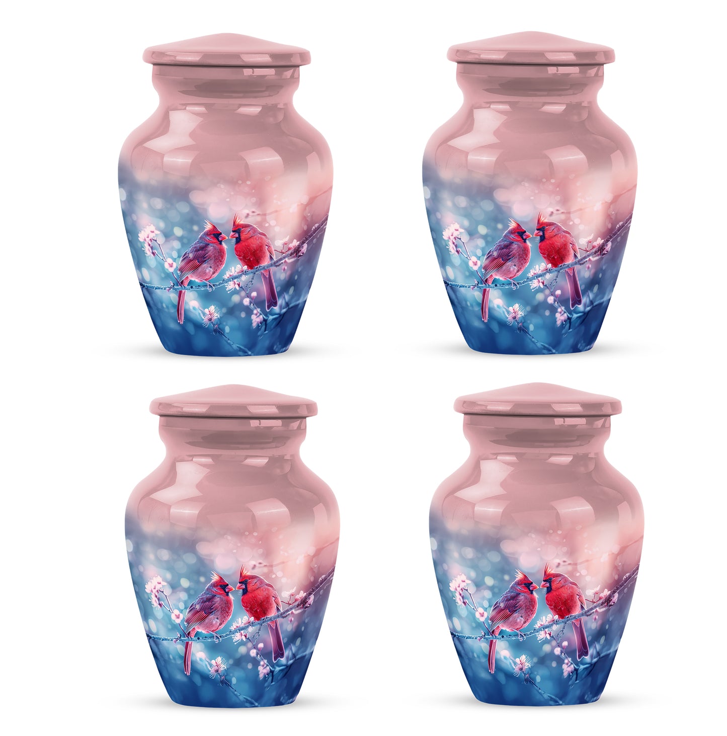 Wine Red Cardinal Cremation Urn side profile showing urn shape - timeless cardinal motif etched into premium metal - 10 inch aluminum urn for cremated remains