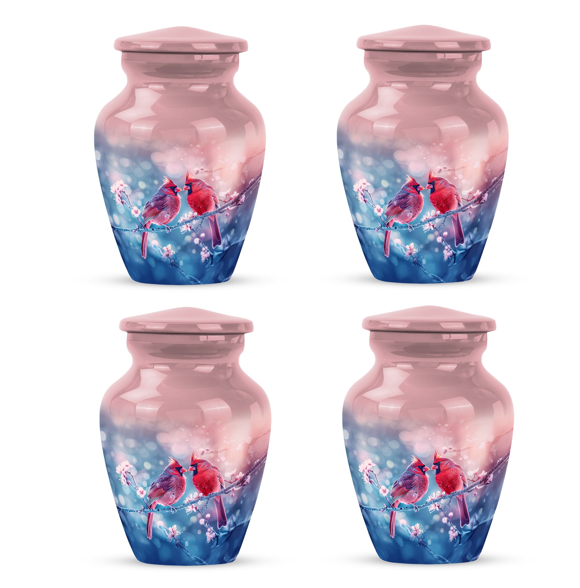 Wine Red Cardinal Cremation Urn side profile showing urn shape - timeless cardinal motif etched into premium metal - 10 inch aluminum urn for cremated remains