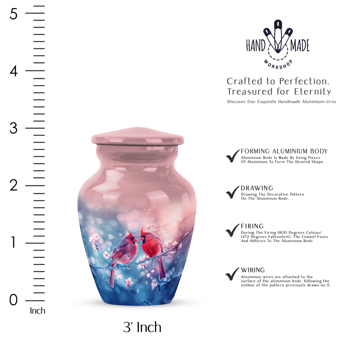 Burgundy Red Cardinal Cremation Urn close-up of engraving and surface detail - classic sculpted cardinal pattern on smooth aluminum - mini keepsake memorial for portion of cremation ashes
