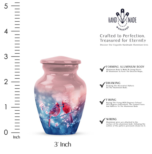 Burgundy Red Cardinal Cremation Urn close-up of engraving and surface detail - classic sculpted cardinal pattern on smooth aluminum - mini keepsake memorial for portion of cremation ashes