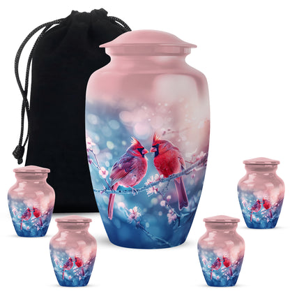 Ruby Red Cardinal Cremation Urn top-down view of secure threaded lid - elegant classic cardinal relief with fine detailing - memorial set with one large and four small urns