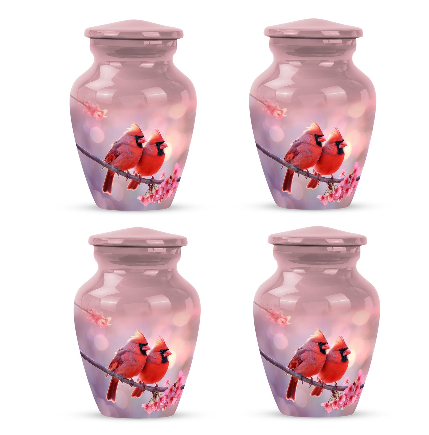 Deep Red Cardinal Cremation Urn side profile showing urn shape - timeless cardinal motif etched into premium metal - 10 inch aluminum urn for cremated remains