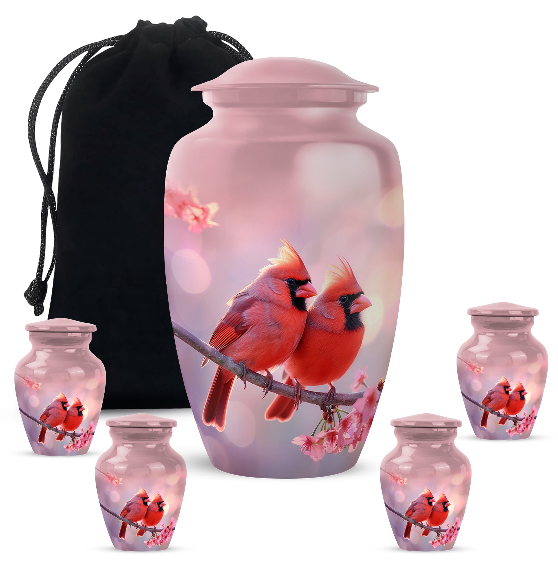 Rich Red Cardinal Cremation Urn top-down view of secure threaded lid - traditional cardinal engraving with hand-polished finish - memorial set with one large and four small urns