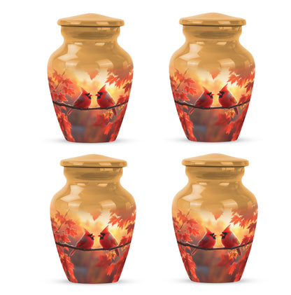 Sunrise Gold Cardinal Cremation Urn side profile showing urn shape - timeless cardinal motif etched into premium metal - 10 inch aluminum urn for cremated remains