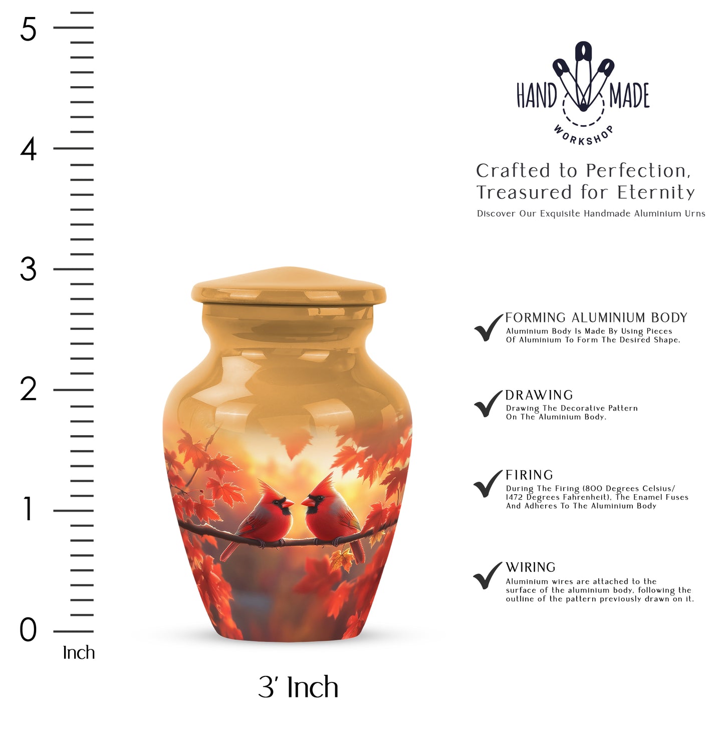 Sunrise Gold Cardinal Cremation Urn close-up of engraving and surface detail - timeless cardinal motif etched into premium metal - mini keepsake memorial for portion of cremation ashes