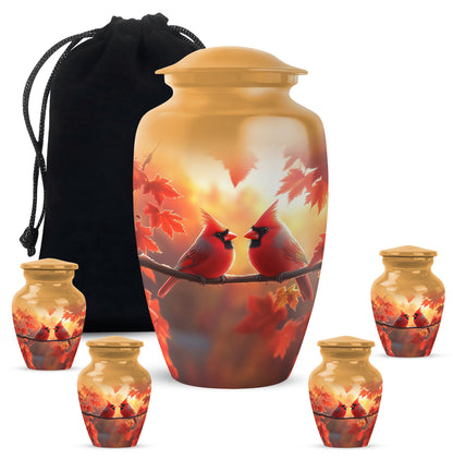 Royal Gold Cardinal Cremation Urn top-down view of secure threaded lid - elegant classic cardinal relief with fine detailing - memorial set with one large and four small urns