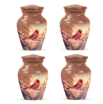 Sunrise Gold Cardinal Cremation Urn side profile showing urn shape - classic sculpted cardinal pattern on smooth aluminum - 10 inch aluminum urn for cremated remains