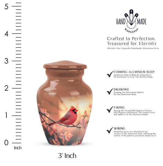 Antique Gold Cardinal Cremation Urn close-up of engraving and surface detail - timeless cardinal motif etched into premium metal - mini keepsake memorial for portion of cremation ashes