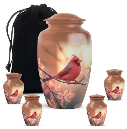 Burnished Gold Cardinal Cremation Urn top-down view of secure threaded lid - elegant classic cardinal relief with fine detailing - memorial set with one large and four small urns