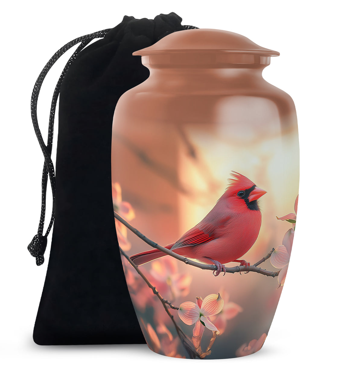 Burnished Gold Cardinal Cremation Urn angled view of lid and engraved motif - elegant classic cardinal relief with fine detailing - full-size 10 inch 200 cubic inch adult cremation urn