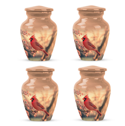 Warm Gold Cardinal Cremation Urn side profile showing urn shape - traditional cardinal engraving with hand-polished finish - 10 inch aluminum urn for cremated remains