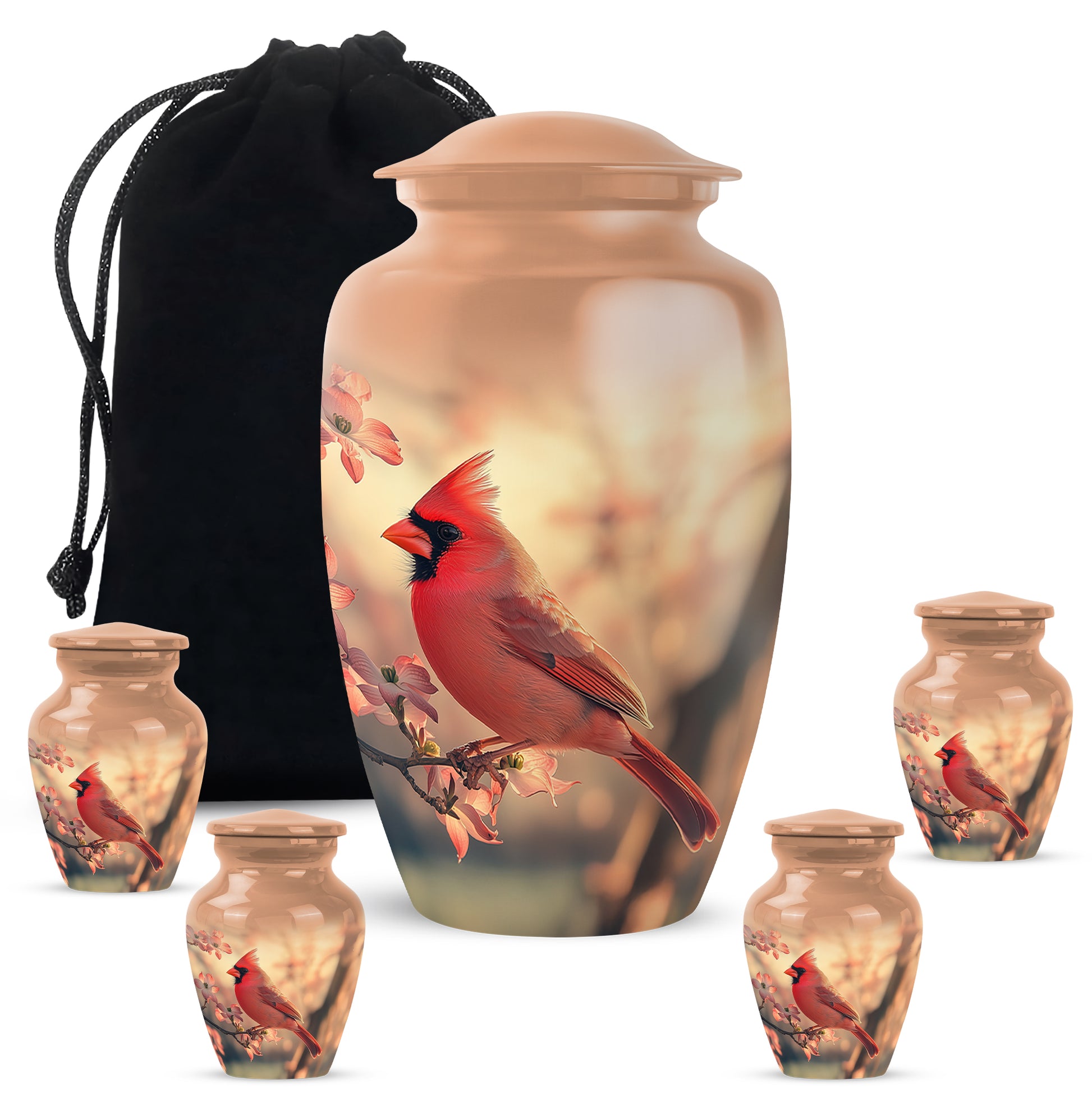Antique Gold Cardinal Cremation Urn top-down view of secure threaded lid - timeless cardinal motif etched into premium metal - memorial set with one large and four small urns