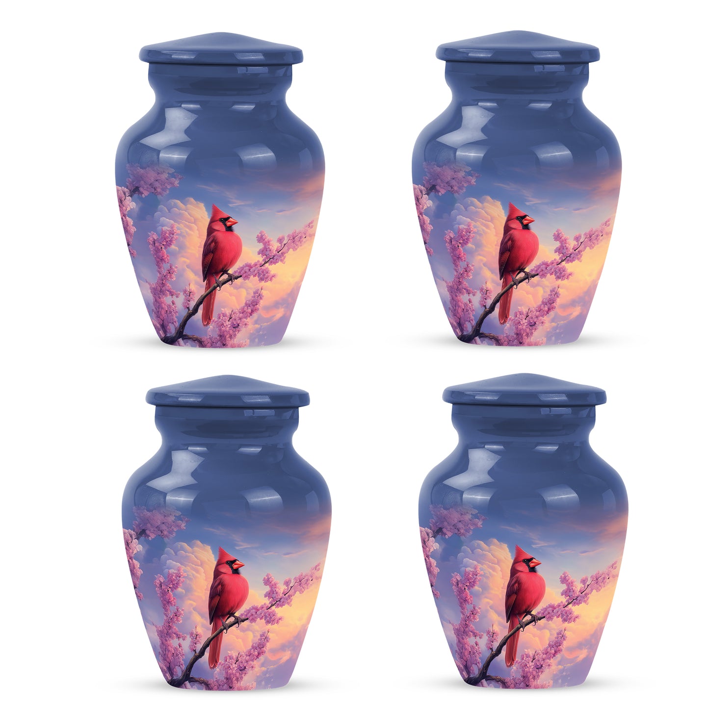 Dusty Blue Cardinal Cremation Urn side profile showing urn shape - classic sculpted cardinal pattern on smooth aluminum - 10 inch aluminum urn for cremated remains