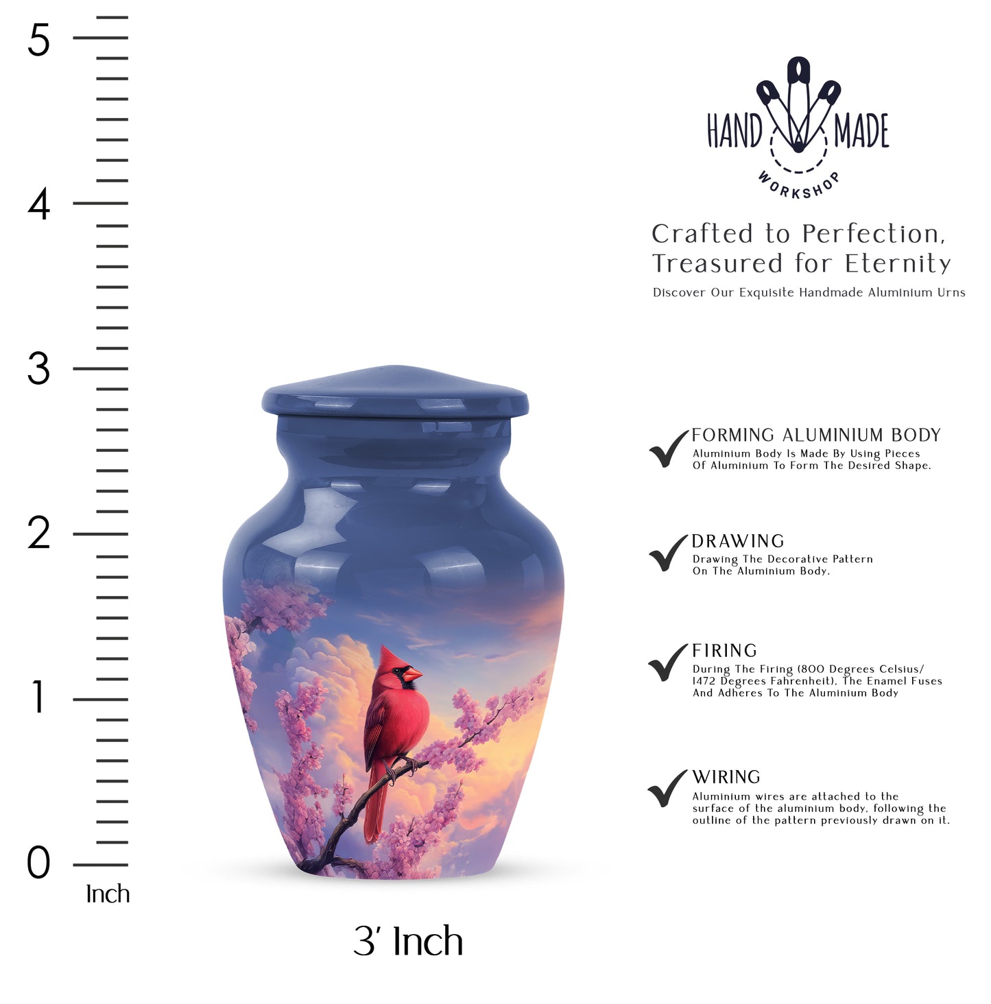 Icy Blue Cardinal Cremation Urn close-up of engraving and surface detail - timeless cardinal motif etched into premium metal - mini keepsake memorial for portion of cremation ashes
