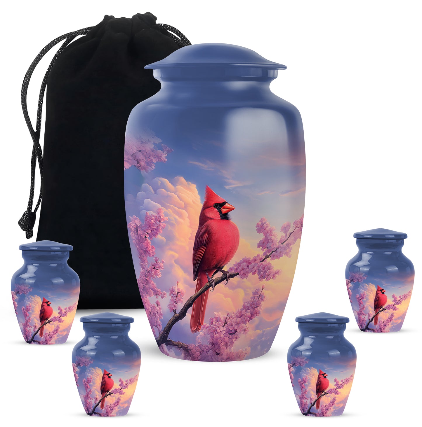 Cobalt Blue Cardinal Cremation Urn top-down view of secure threaded lid - traditional cardinal engraving with hand-polished finish - memorial set with one large and four small urns