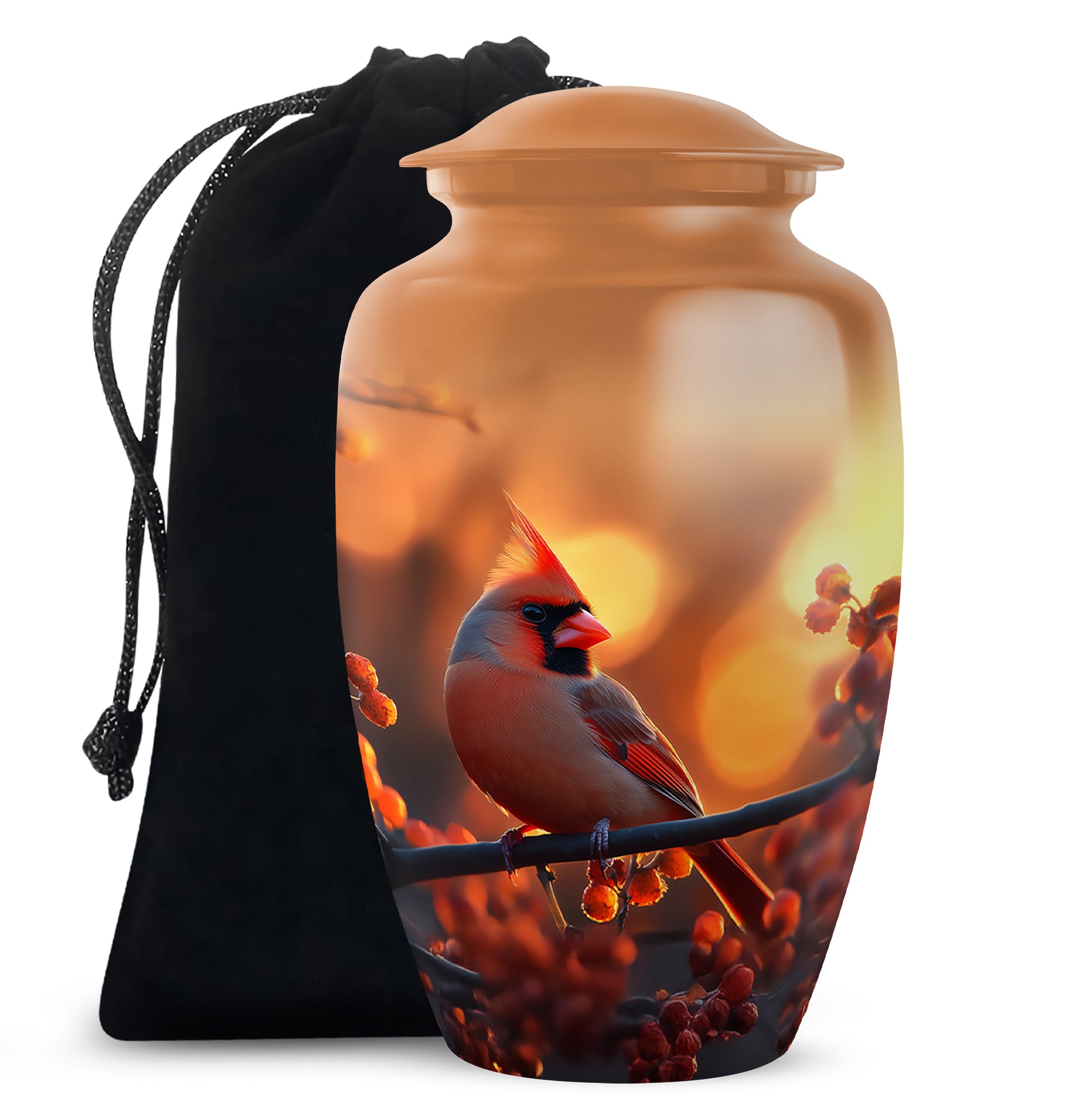 Amber Gold Cardinal Cremation Urn angled view of lid and engraved motif - classic sculpted cardinal pattern on smooth aluminum - full-size 10 inch 200 cubic inch adult cremation urn