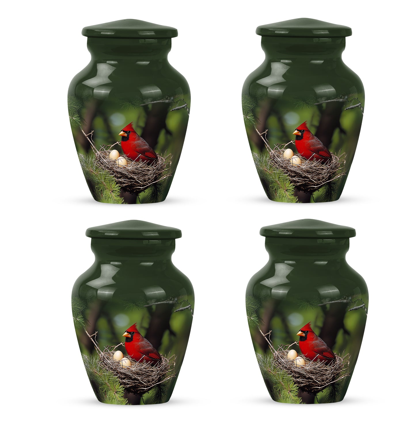 Olive Green Cardinal Cremation Urn side profile showing urn shape - elegant classic cardinal relief with fine detailing - 10 inch aluminum urn for cremated remains