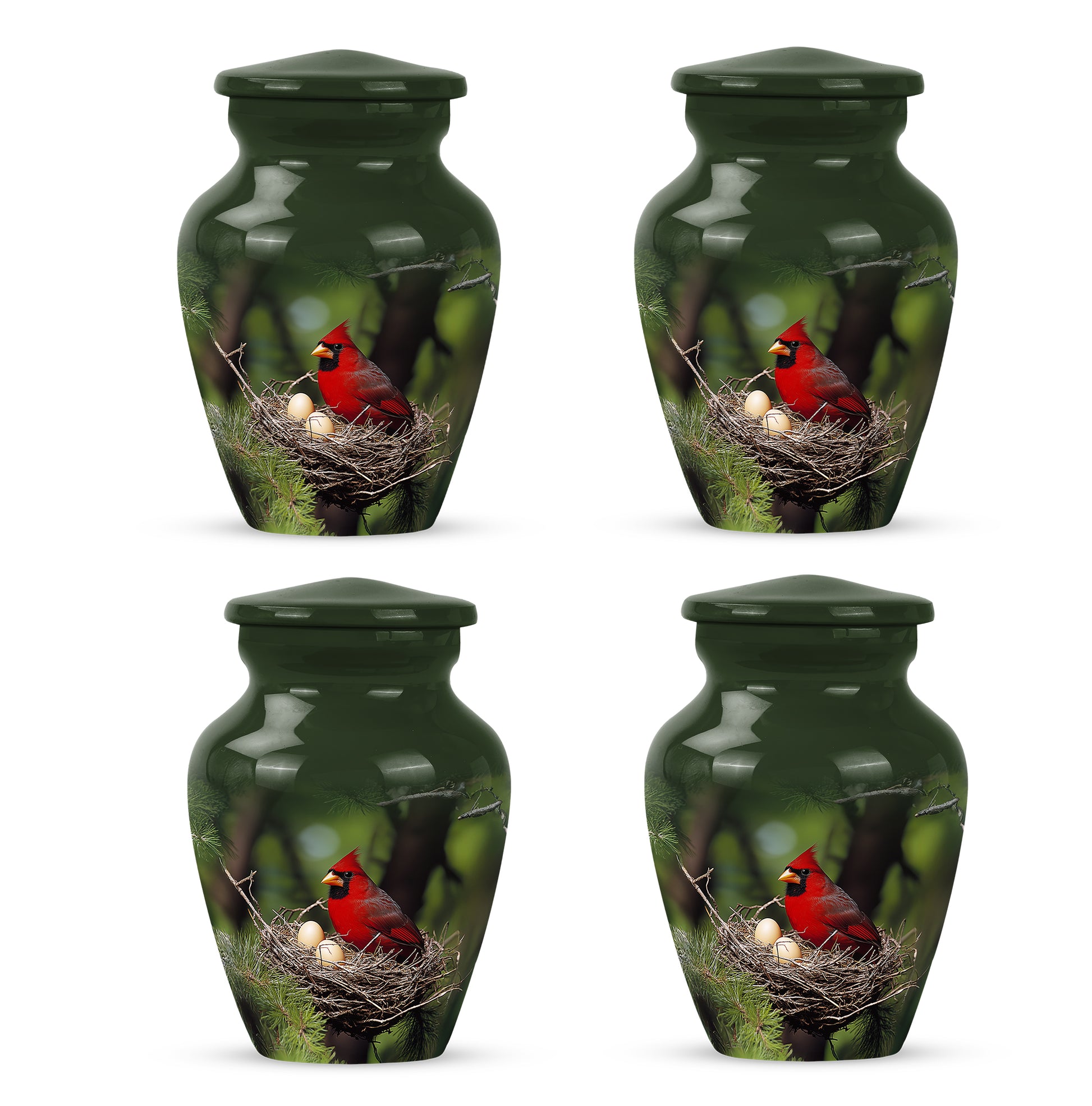 Olive Green Cardinal Cremation Urn side profile showing urn shape - elegant classic cardinal relief with fine detailing - 10 inch aluminum urn for cremated remains