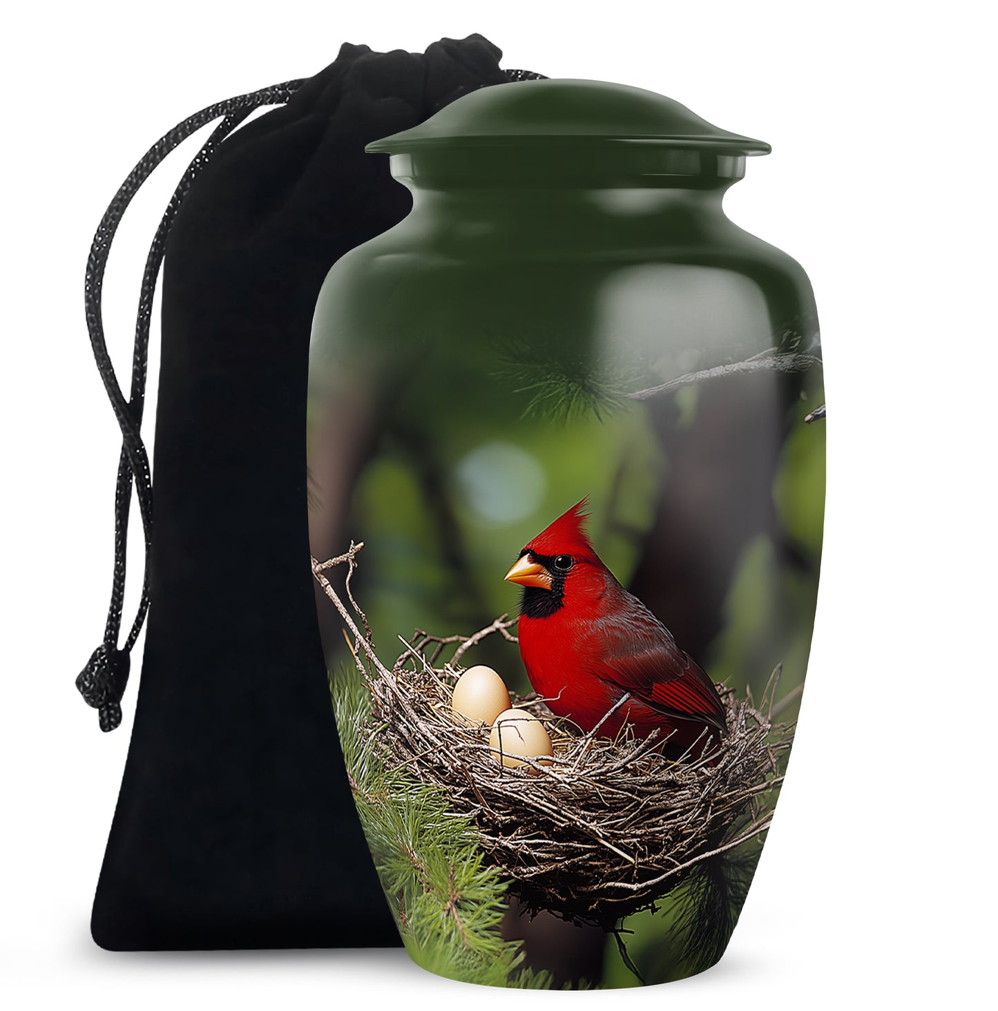 Olive Green Cardinal Cremation Urn angled view of lid and engraved motif - elegant classic cardinal relief with fine detailing - full-size 10 inch 200 cubic inch adult cremation urn
