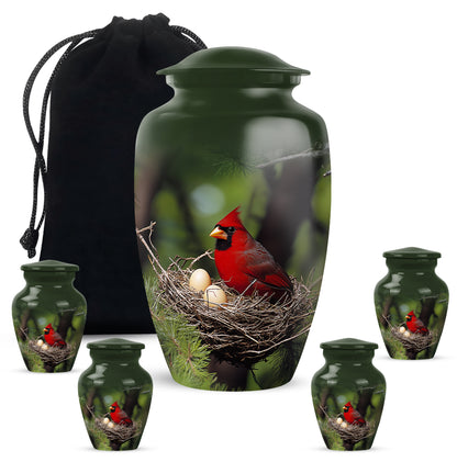 Emerald Green Cardinal Cremation Urn top-down view of secure threaded lid - timeless cardinal motif etched into premium metal - memorial set with one large and four small urns
