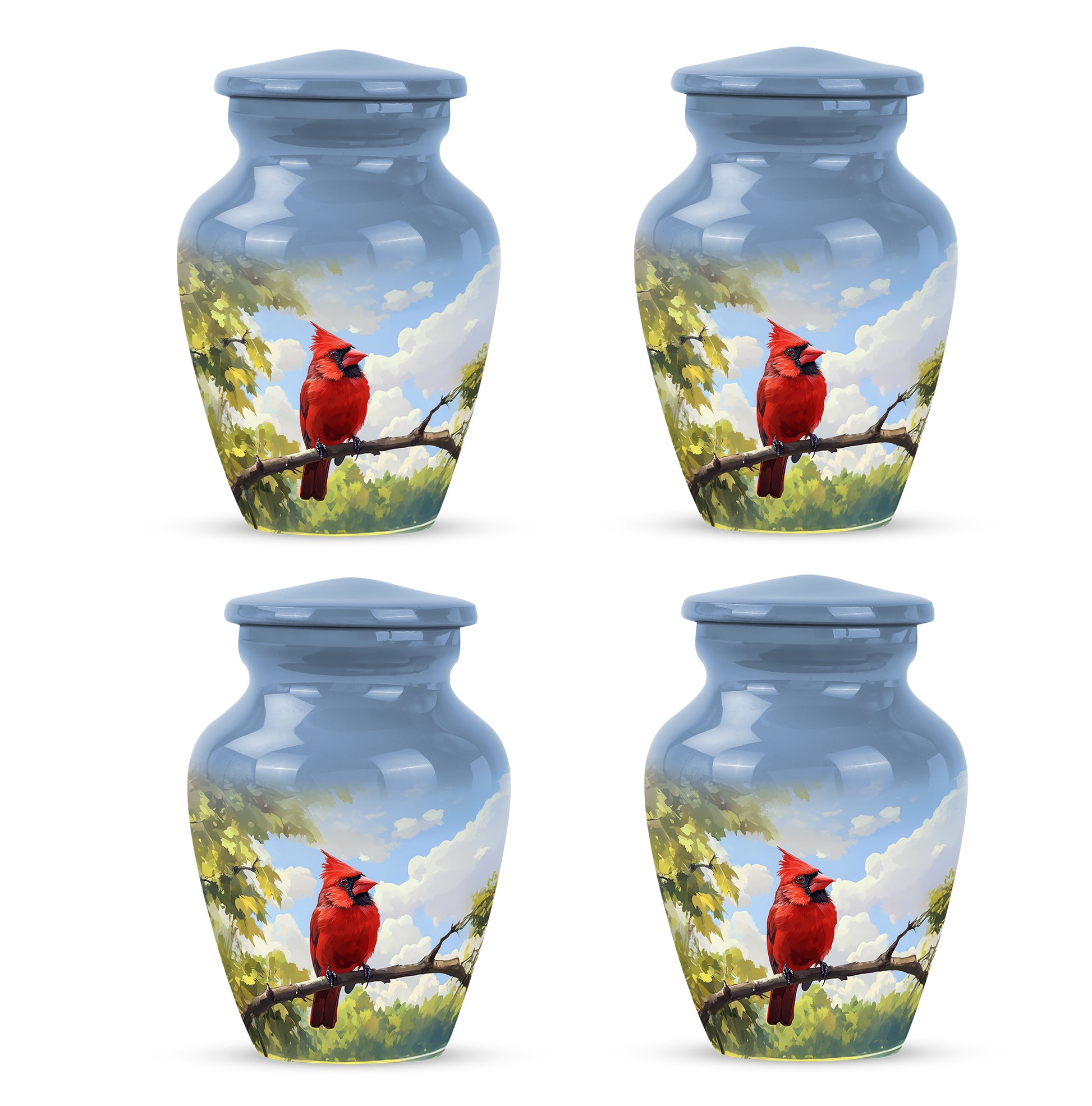 Slate Blue Cardinal Cremation Urn side profile showing urn shape - timeless cardinal motif etched into premium metal - 10 inch aluminum urn for cremated remains