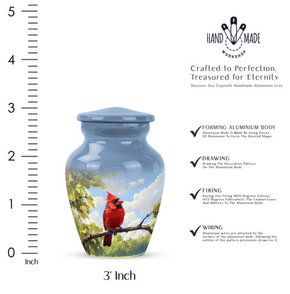 Navy Blue Cardinal Cremation Urn close-up of engraving and surface detail - timeless cardinal motif etched into premium metal - mini keepsake memorial for portion of cremation ashes