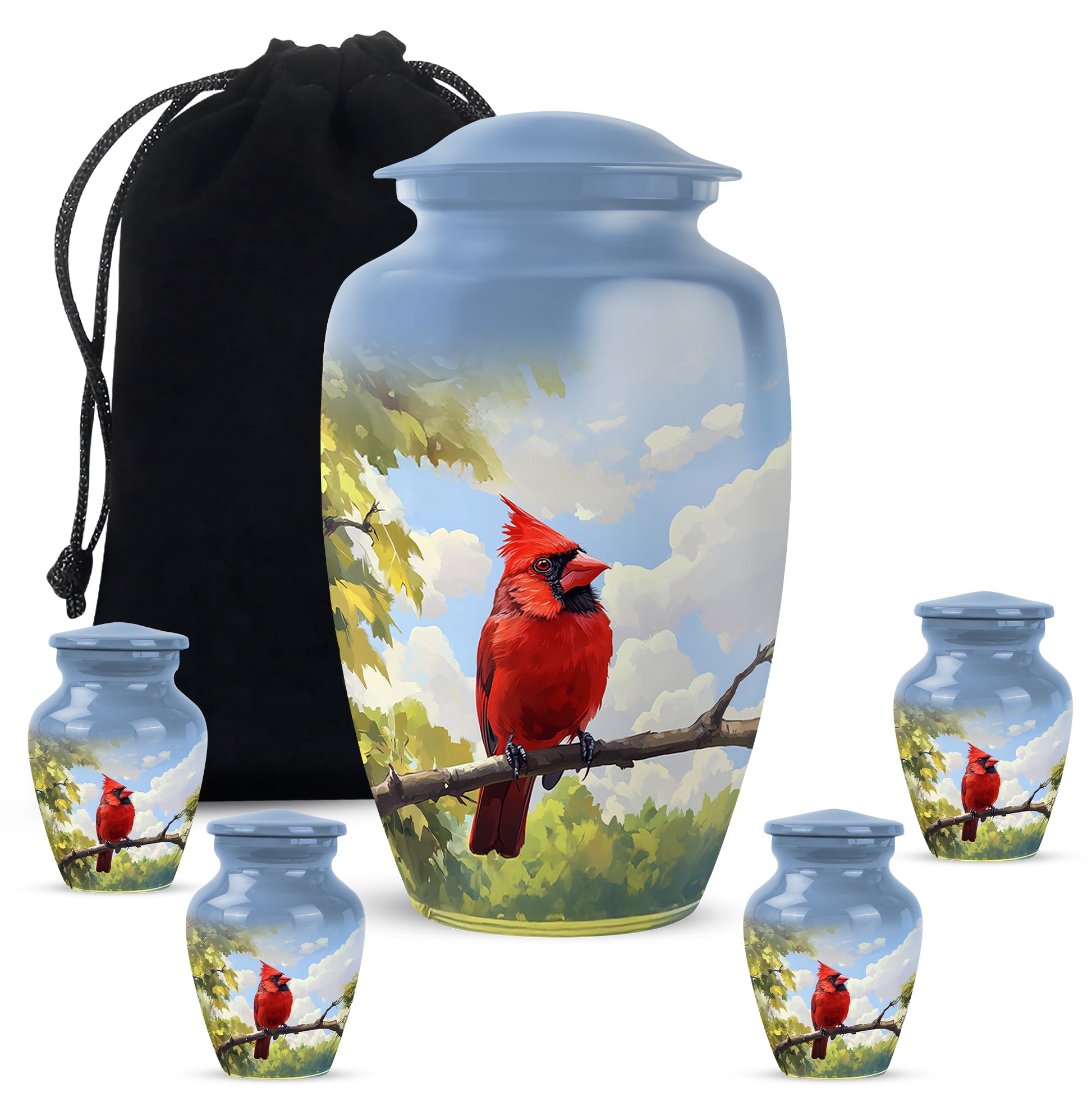 Soft Blue Cardinal Cremation Urn top-down view of secure threaded lid - elegant classic cardinal relief with fine detailing - memorial set with one large and four small urns