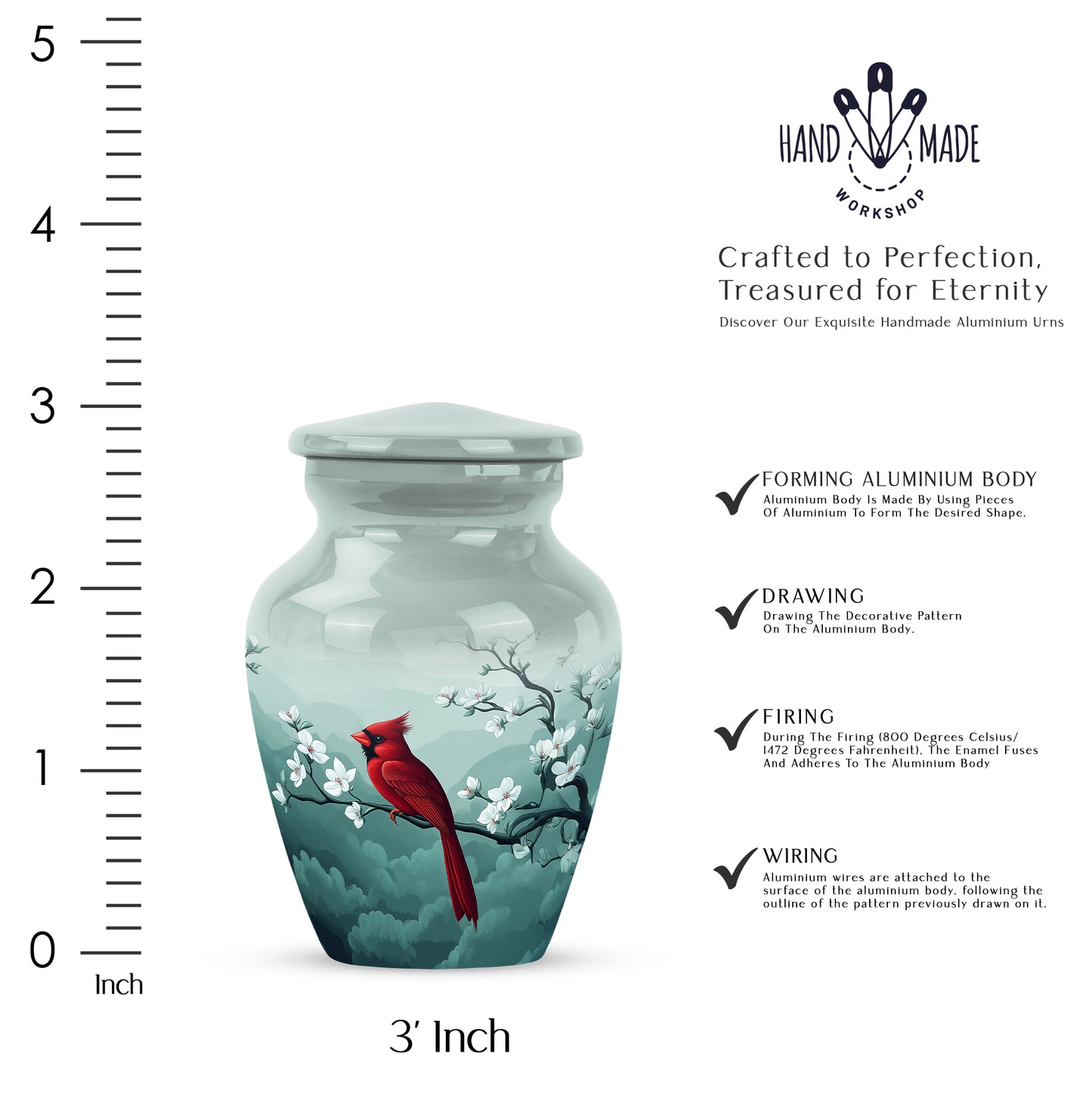 Gleaming Silver Cardinal Cremation Urn close-up of engraving and surface detail - classic sculpted cardinal pattern on smooth aluminum - mini keepsake memorial for portion of cremation ashes