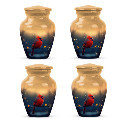 Champagne Gold Cardinal Cremation Urn side profile showing urn shape - classic sculpted cardinal pattern on smooth aluminum - 10 inch aluminum urn for cremated remains