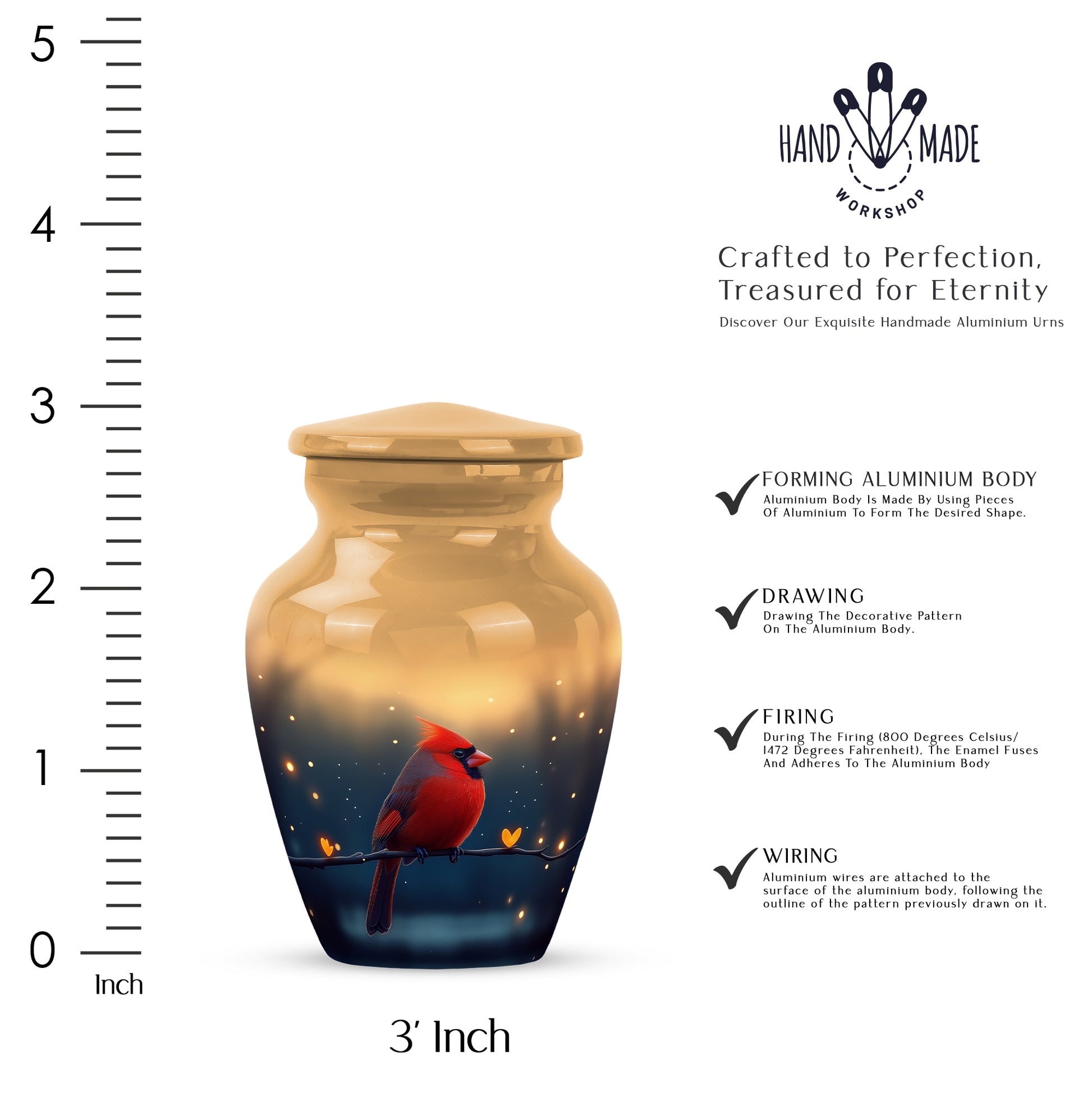 Antique Gold Cardinal Cremation Urn close-up of engraving and surface detail - timeless cardinal motif etched into premium metal - mini keepsake memorial for portion of cremation ashes