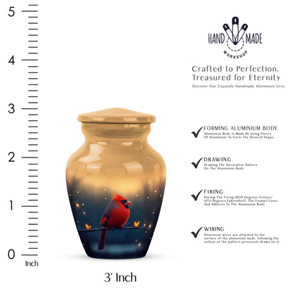 Antique Gold Cardinal Cremation Urn close-up of engraving and surface detail - timeless cardinal motif etched into premium metal - mini keepsake memorial for portion of cremation ashes