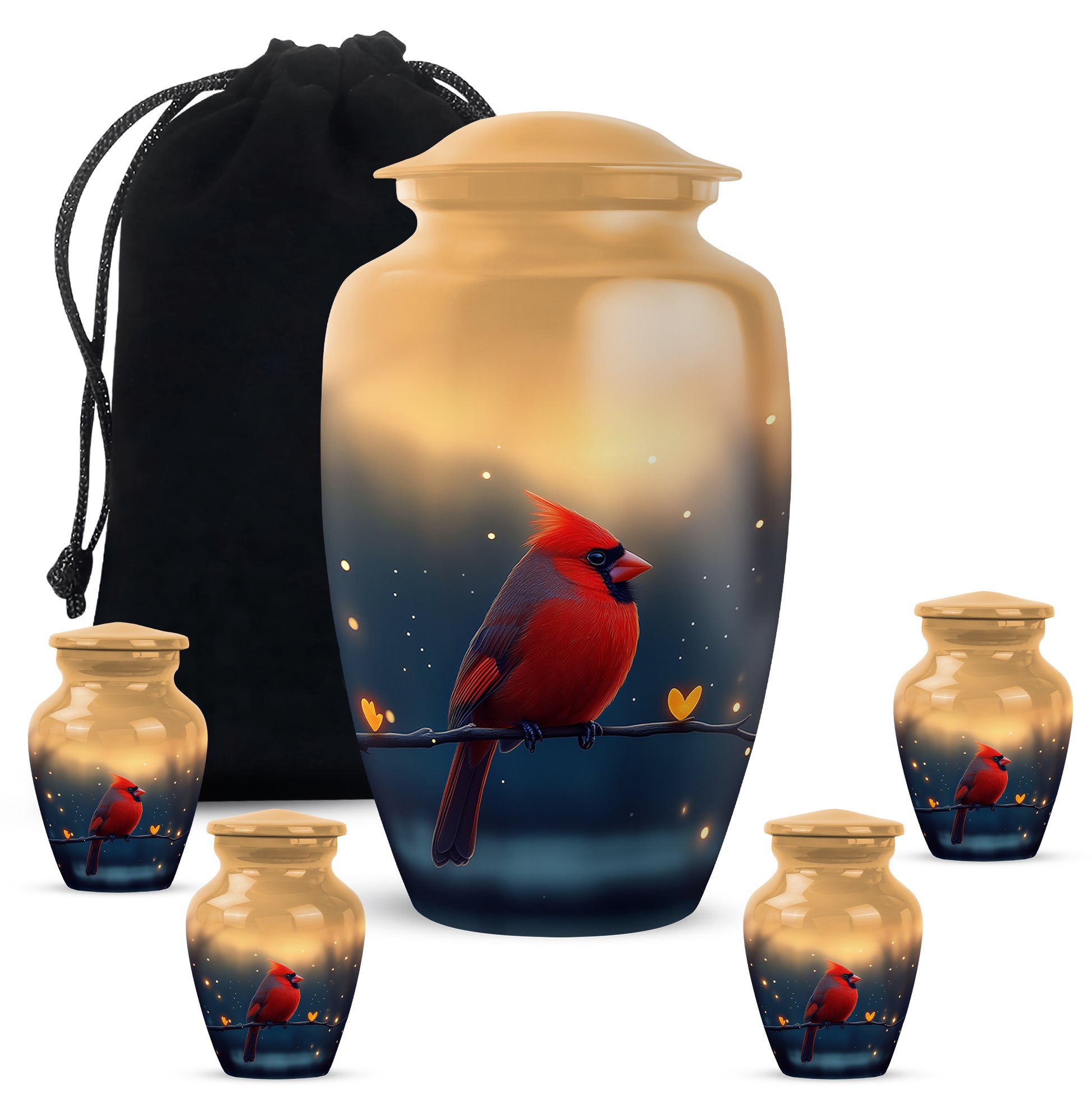 Royal Gold Cardinal Cremation Urn top-down view of secure threaded lid - traditional cardinal engraving with hand-polished finish - memorial set with one large and four small urns