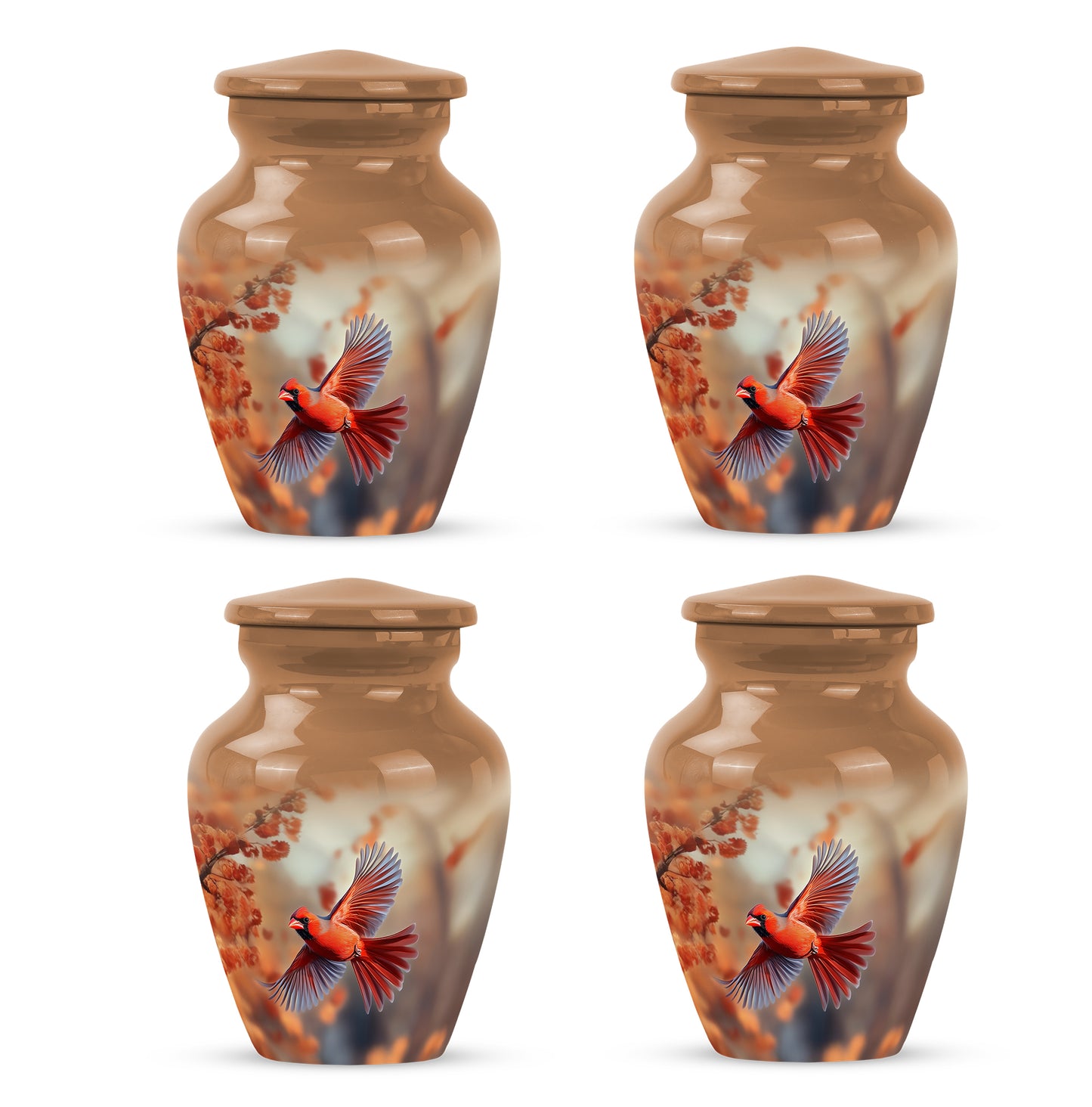 Burnished Gold Cardinal Cremation Urn side profile showing urn shape - traditional cardinal engraving with hand-polished finish - 10 inch aluminum urn for cremated remains