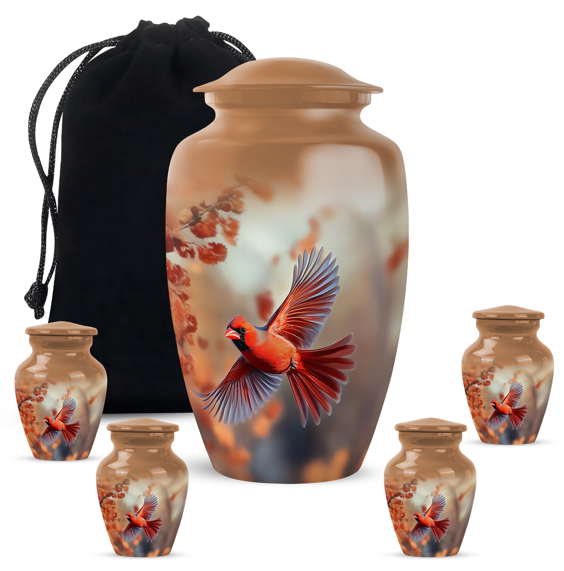 Royal Gold Cardinal Cremation Urn top-down view of secure threaded lid - traditional cardinal engraving with hand-polished finish - memorial set with one large and four small urns