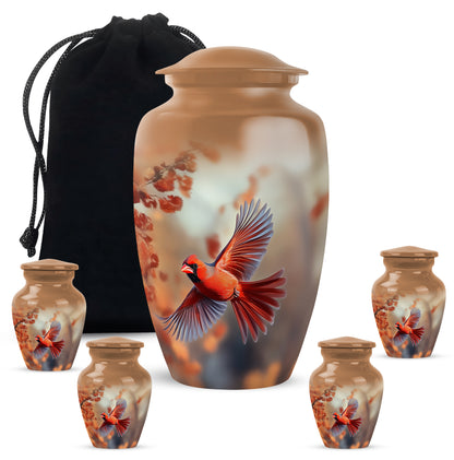 Royal Gold Cardinal Cremation Urn top-down view of secure threaded lid - traditional cardinal engraving with hand-polished finish - memorial set with one large and four small urns