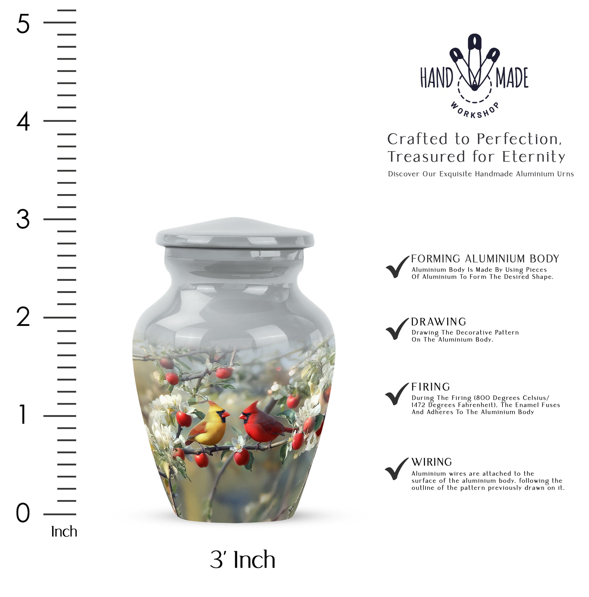 Sterling Silver Cardinal Cremation Urn close-up of engraving and surface detail - timeless cardinal motif etched into premium metal - mini keepsake memorial for portion of cremation ashes
