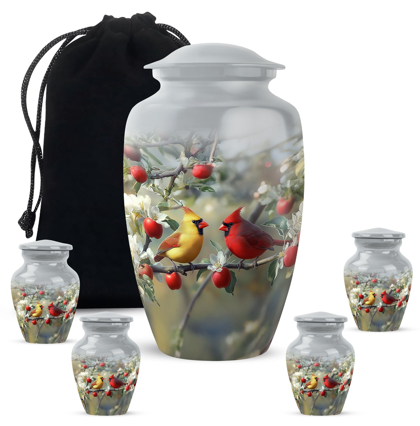 Gleaming Silver Cardinal Cremation Urn top-down view of secure threaded lid - timeless cardinal motif etched into premium metal - memorial set with one large and four small urns