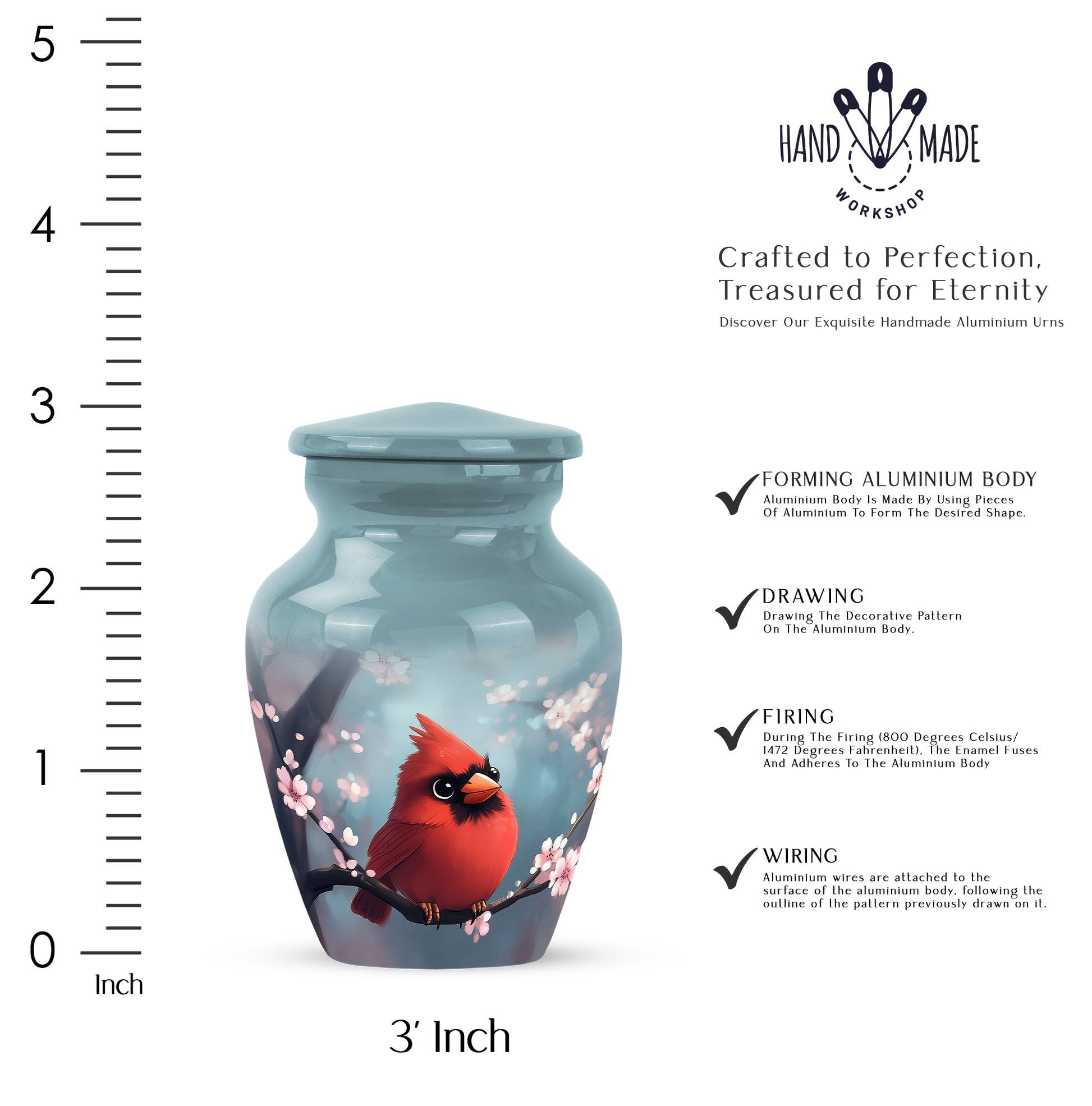 Vivid Teal Cardinal Cremation Urn close-up of engraving and surface detail - traditional cardinal engraving with hand-polished finish - mini keepsake memorial for portion of cremation ashes