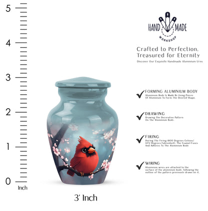 Vivid Teal Cardinal Cremation Urn close-up of engraving and surface detail - traditional cardinal engraving with hand-polished finish - mini keepsake memorial for portion of cremation ashes
