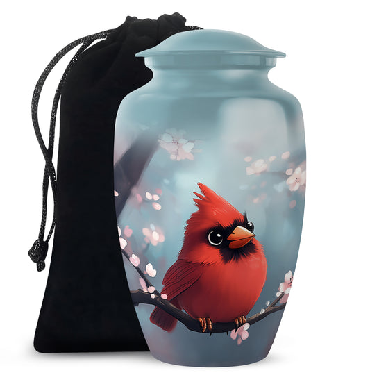 Soft Teal Cardinal Cremation Urn angled view of lid and engraved motif - timeless cardinal motif etched into premium metal - full-size 10 inch 200 cubic inch adult cremation urn