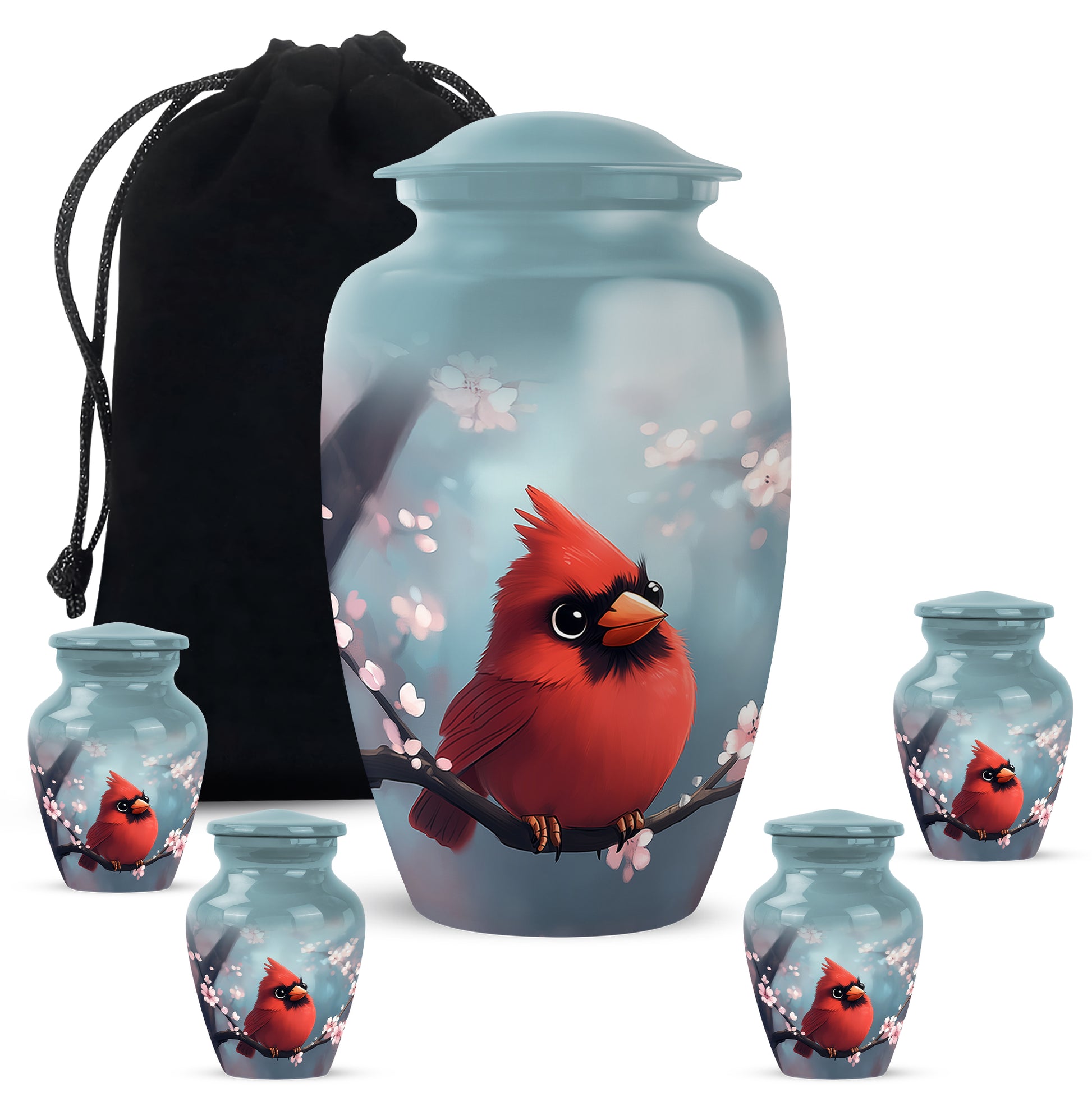 Mystic Teal Cardinal Cremation Urn top-down view of secure threaded lid - elegant classic cardinal relief with fine detailing - memorial set with one large and four small urns