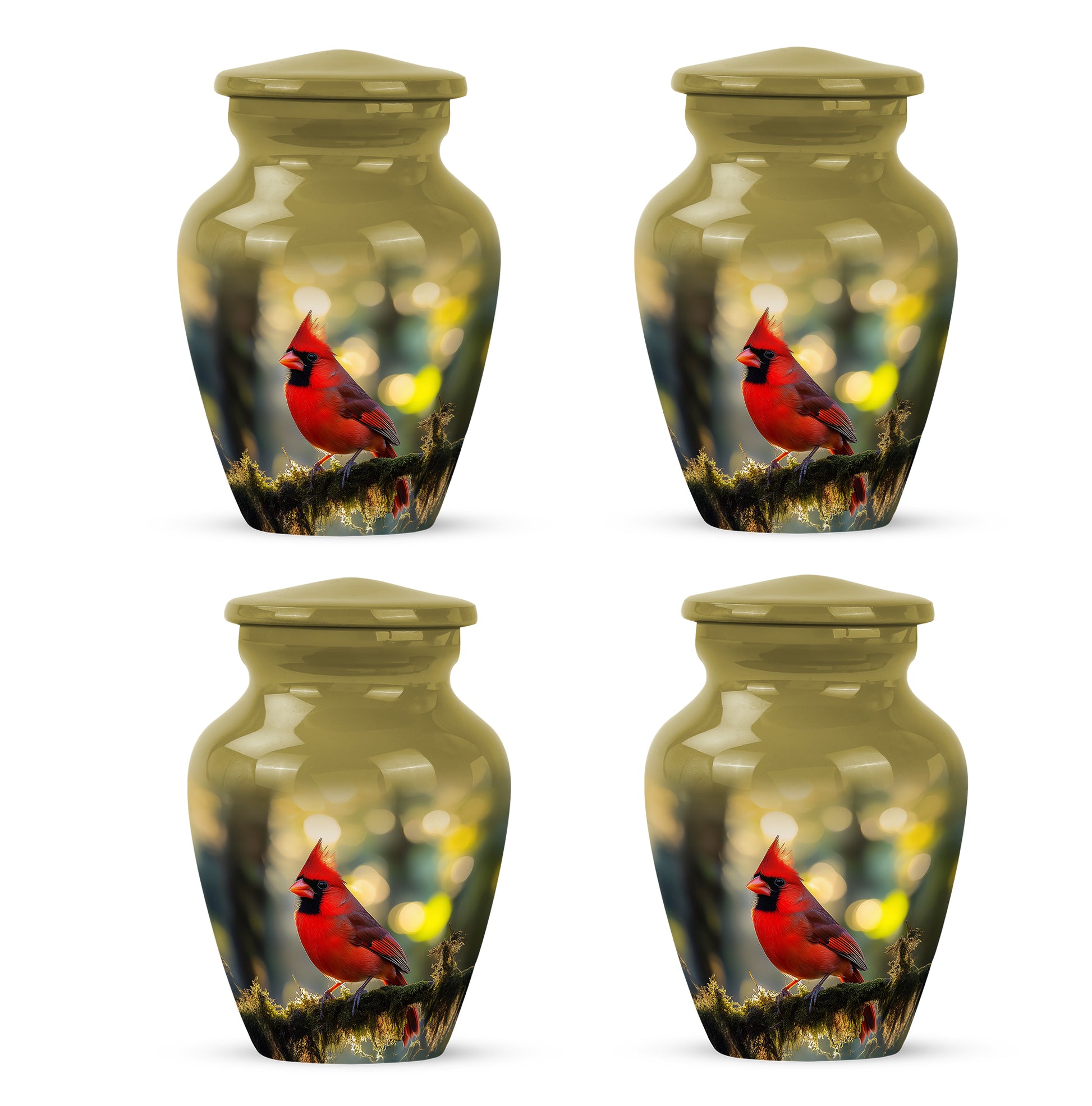 Royal Gold Cardinal Cremation Urn side profile showing urn shape - elegant classic cardinal relief with fine detailing - 10 inch aluminum urn for cremated remains