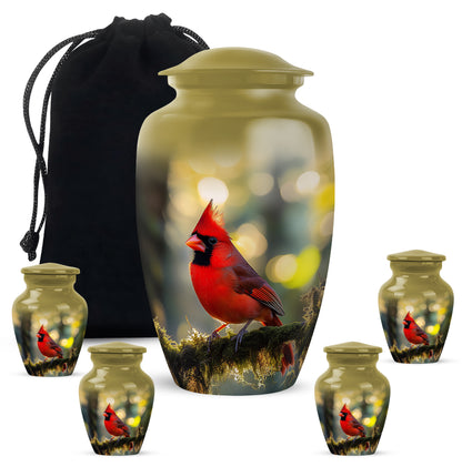 Amber Gold Cardinal Cremation Urn top-down view of secure threaded lid - timeless cardinal motif etched into premium metal - memorial set with one large and four small urns