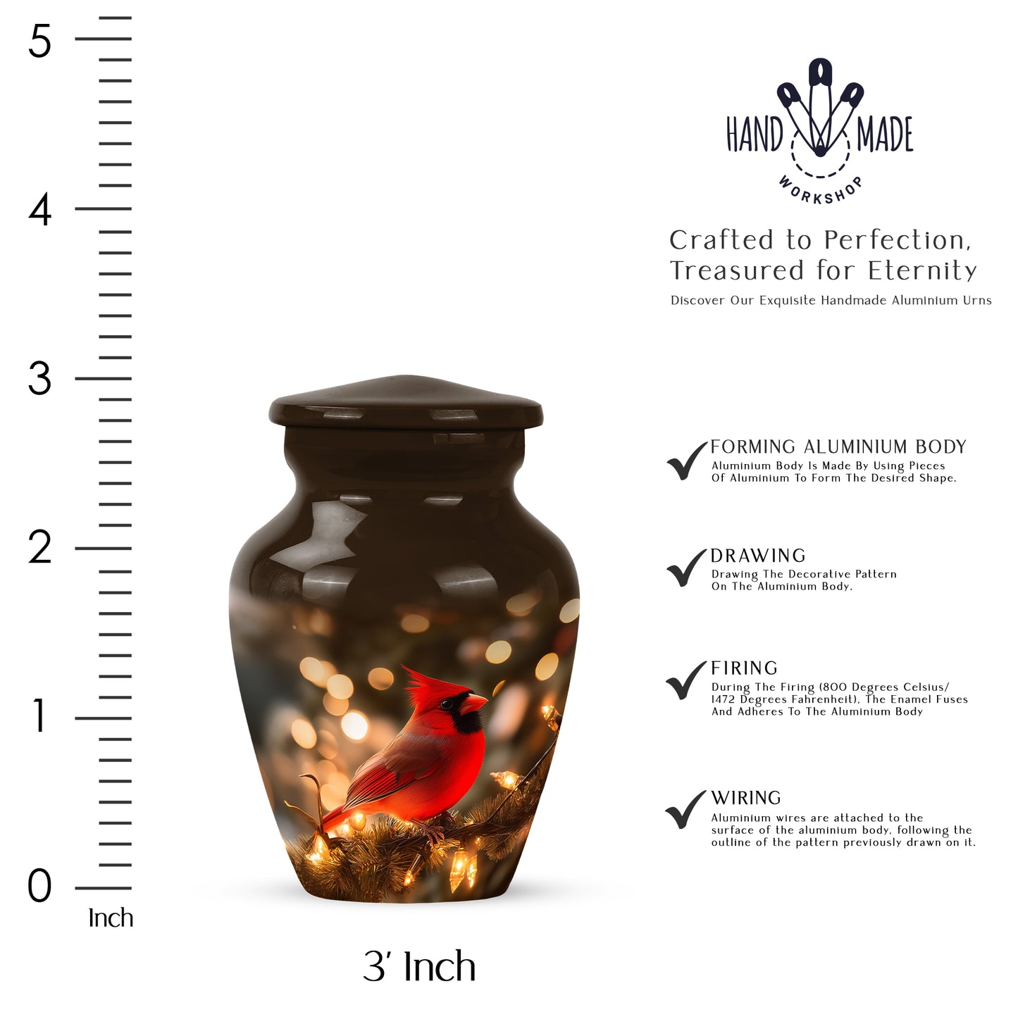 Matte Gold Cardinal Cremation Urn close-up of engraving and surface detail - elegant classic cardinal relief with fine detailing - mini keepsake memorial for portion of cremation ashes