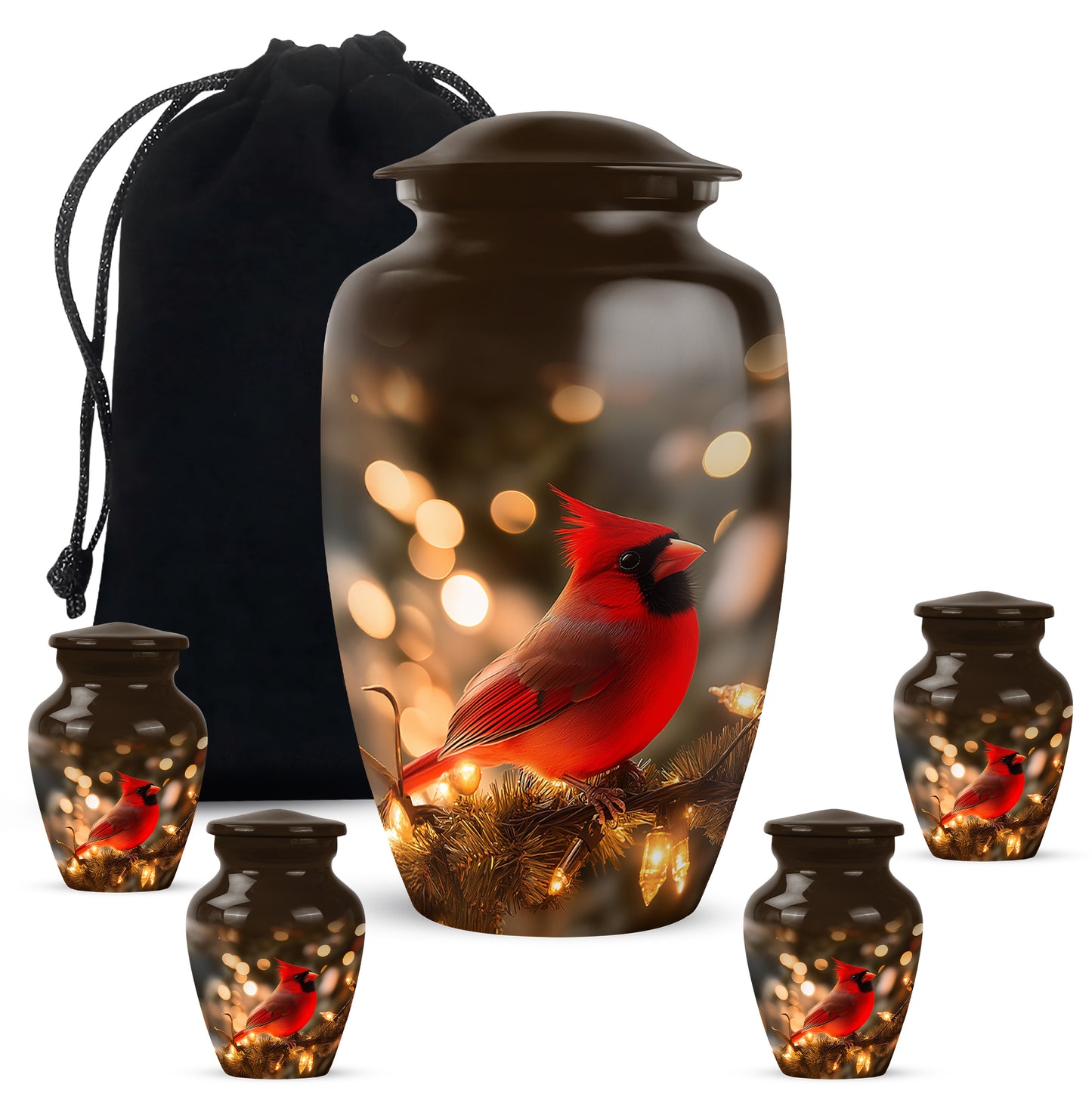 Harvest Gold Cardinal Cremation Urn top-down view of secure threaded lid - elegant classic cardinal relief with fine detailing - memorial set with one large and four small urns